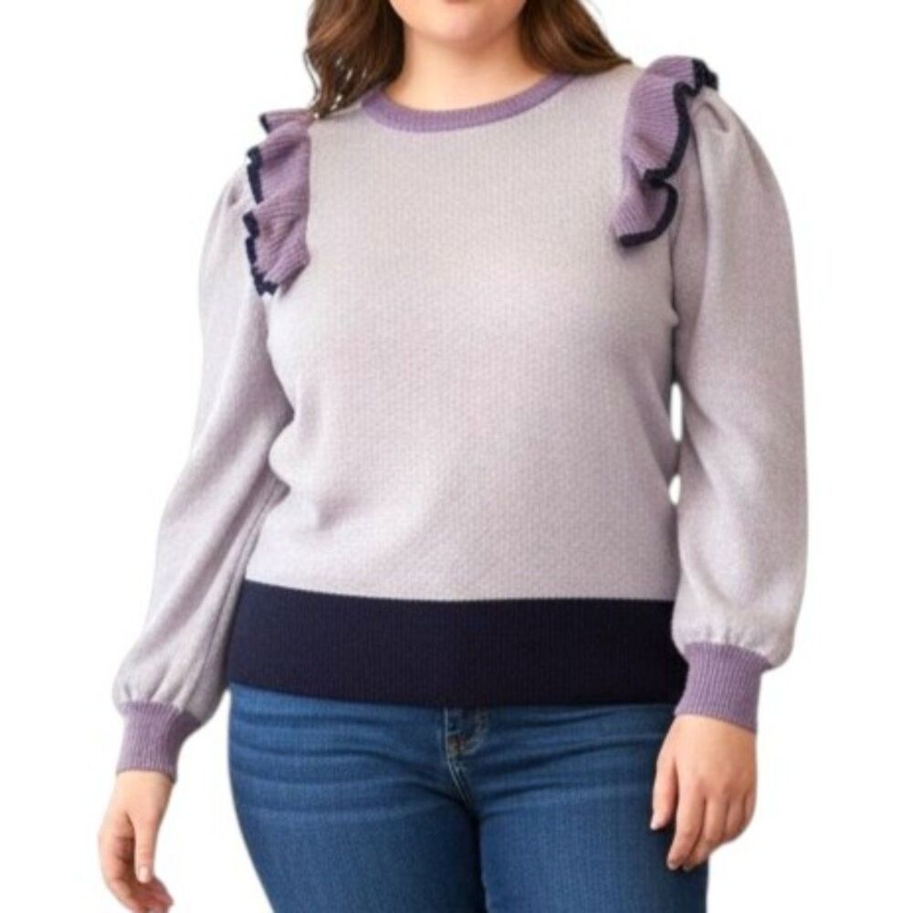 POLAGRAM Ruffle Sleeve Grey and Purple Sweater, NEW! Size 3XL